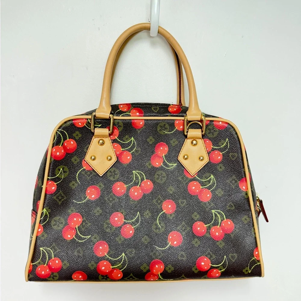 Cherry Print Satchel Handbag - Brown & Red - Picture 6 of 9